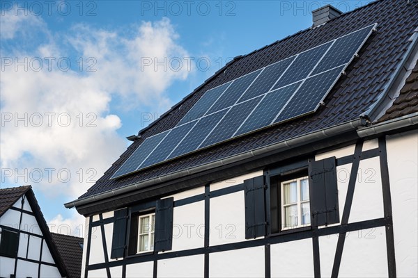 Solar panel on a roof of a half-timbered house in Düsseldorf