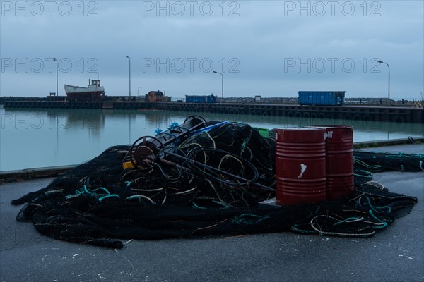 Fishing nets in the harbour of the fishing village Klintholm Havn