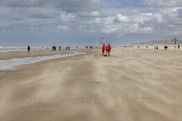 Sand kicked up during storm on the North Sea coast in De Panne