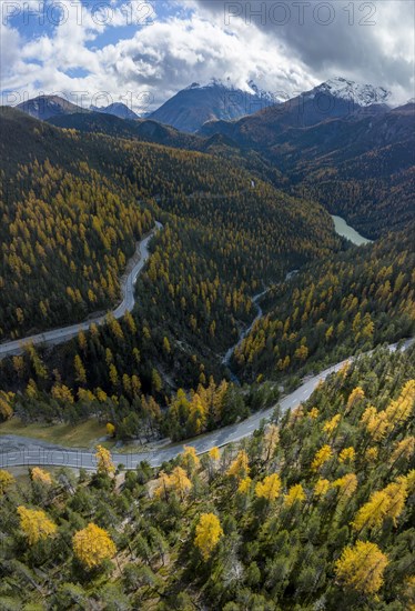 Colourful autumn landscape with a view of the Swiss National Park and the Lai dad Ova Spin reservoir