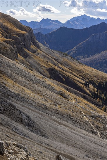 Hiking trail on the Catinaccio in autumn