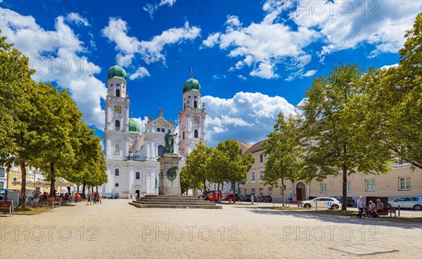 Passau Cathedral Square with Monument to King Maximilian I Joseph of Bavaria and St. Stephen's Cathedral in Passau