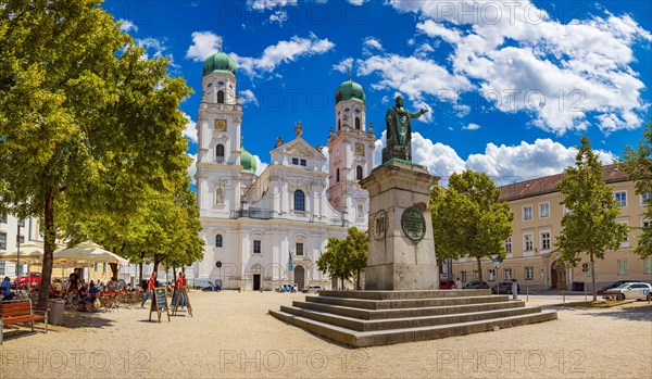 Passau Cathedral Square with Monument to King Maximilian I Joseph of Bavaria and St. Stephen's Cathedral in Passau