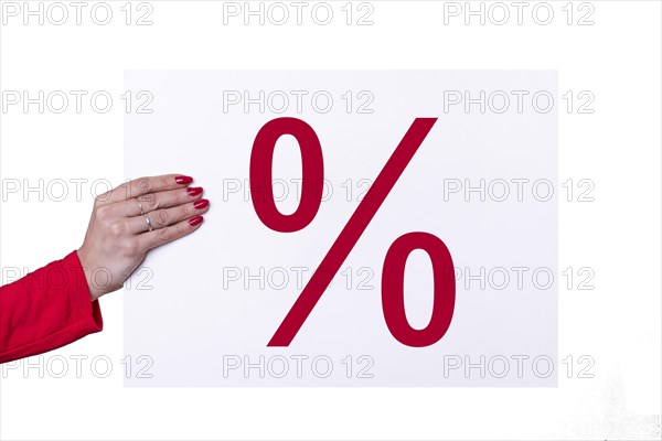 Woman hand holding a DISCOUNT white poster on transparent background. Studio shot. Commercial concept