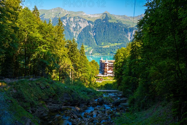 The Historical Grandhotel Giessbach on the Mountain Side with Waterfall in Brienz