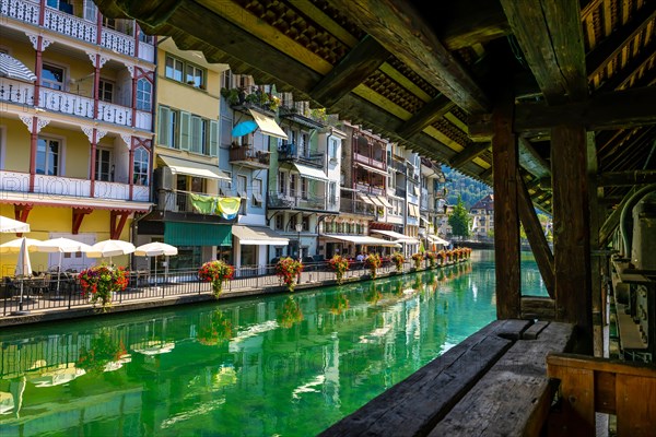 River Aare in Old Town of Thun and View from Untere Schleuse Bridge in a Sunny Summer Day