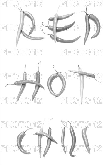 Red chilli peppers arranged to spell out RED HOT CHILI . The chillies are against a white background