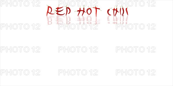 Red chilli peppers arranged to spell out RED HOT CHILI . The chillies are against a white background