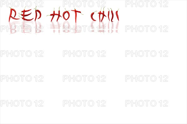 Red chilli peppers arranged to spell out RED HOT CHILI . The chillies are against a white background