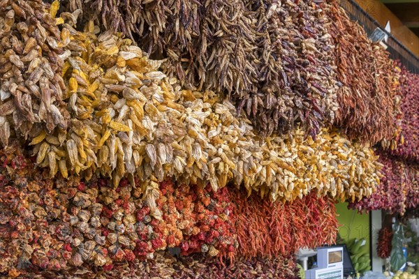 Various red and yellow dried chillies