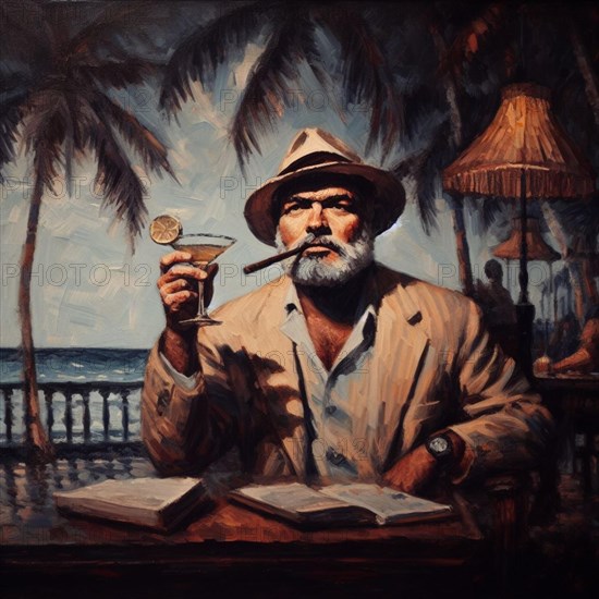 Portrait of famous writer spy illustration drinking his cocktail in key west