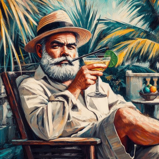 Portrait of famous writer spy illustration drinking his cocktail in key west