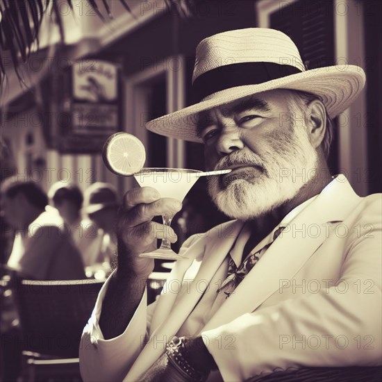 Portrait of famous writer spy illustration drinking his cocktail in key west