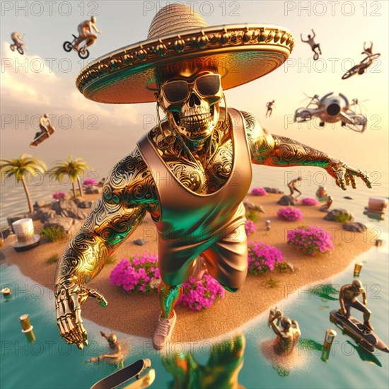 Steampunk skater fashionable cool metallic deejay alien mariachi hosting party in tropical island generative ai art