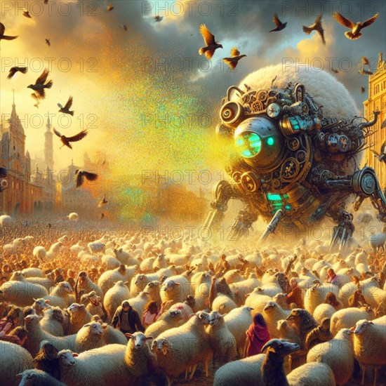 Evil robot monster spilling temptations propaganda orders to hypnotized mass crowd happy and sadgenerative ai art