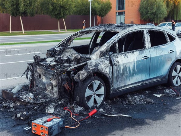 Burned melted ev electric car