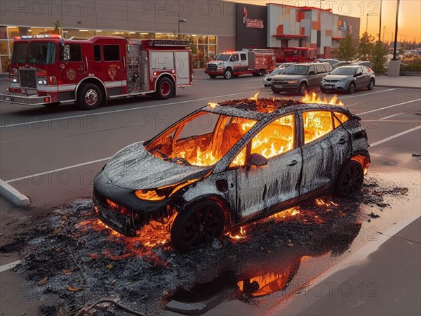 Burned melted ev electric car