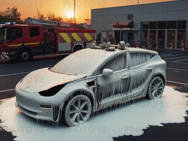 Burned melted ev electric car