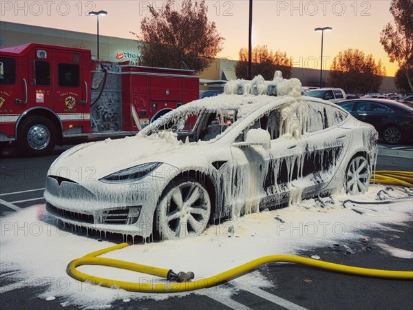 Burned melted ev electric car