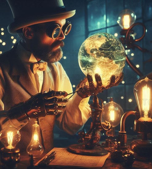 Steampunk alchemist magician artisan god mechanic in lab check repair planet health as earth day concept illustration generative ai art