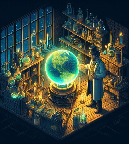 Steampunk magician artisan god mechanic in lab check repair planet health as earth day concept illustration generative ai art