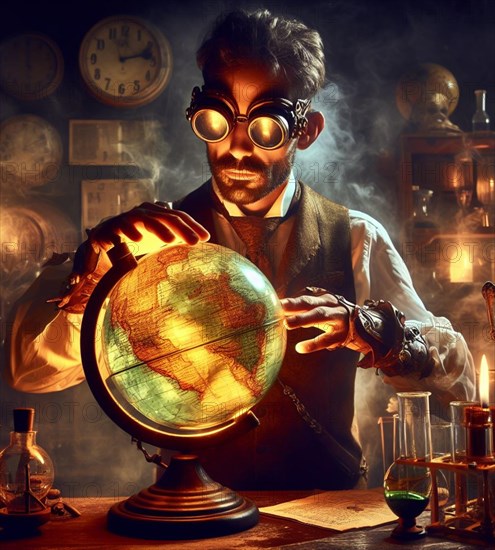 Steampunk magician artisan god mechanic in lab check repair planet health as earth day concept illustration generative ai art