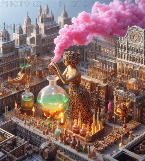 Artisan perfume alcemist potion maker pharmacist preparing product in medieval steampunk laboratory generative ai art