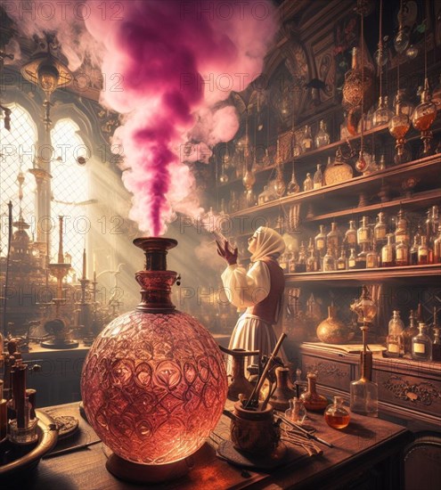 Artisan perfume potion maker pharmacist preparing smoking steam elixir product in medieval steampunk laboratory generative ai art