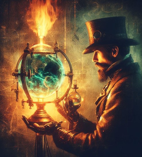 Steampunk magician artisan god mechanic in lab check repair planet health as earth day concept illustration generative ai art