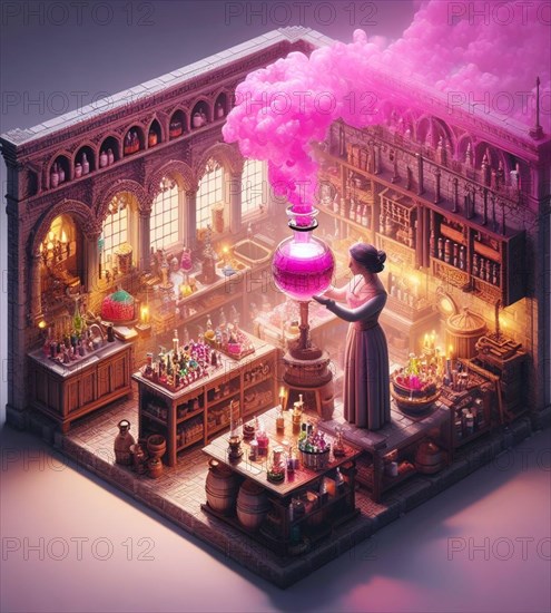 Artisan perfume potion maker pharmacist preparing product in medieval steampunk laboratory generative ai art