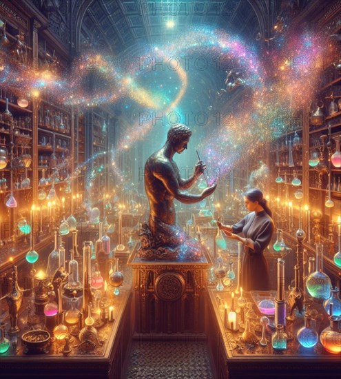 Artisan perfume potion maker pharmacist preparing product in medieval steampunk laboratory generative ai art