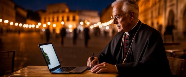 Priest remote working from bistro with laptop generative ai art