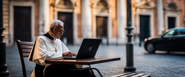 Priest remote working from bistro with laptop generative ai art
