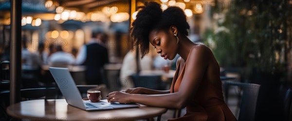 African young woman remote working with laptop in a bistro outdoors at sunset generative ai art