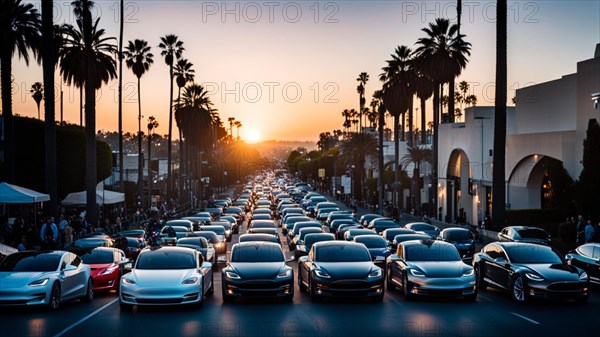 Group of ev electric cars grouping community at sunset in a city generative ai art