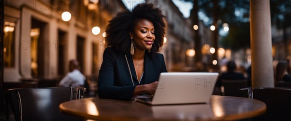 Adult young woman remote working with laptop in a bistro outdoors at sunset generative ai art