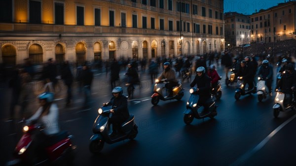 Big group crowd of people driving scooters in Rome Italy at sunset generative ai art