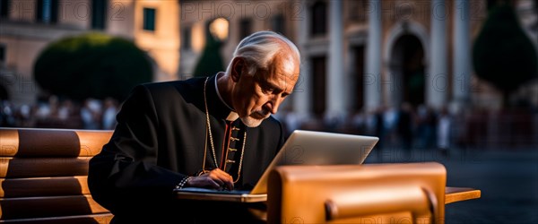 Priest remote working from bistro with laptop generative ai art