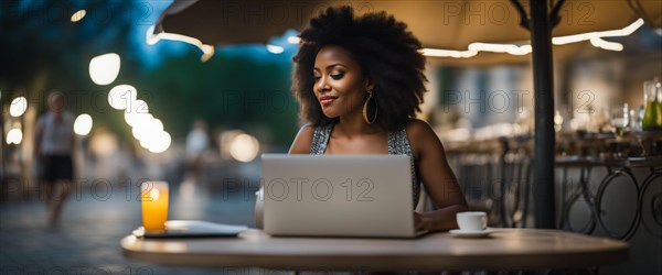 Adult young woman remote working with laptop in a bistro outdoors at sunset generative ai art