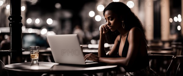 African young woman remote working with laptop in a bistro outdoors at sunset generative ai art