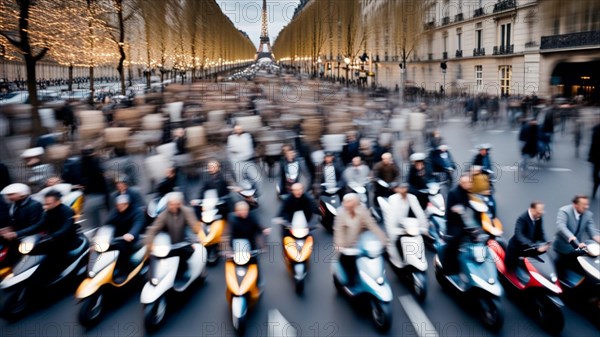 Big group crowd of people driving scooters in Rome Italy at sunset generative ai art