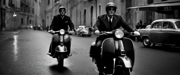 Italian elegant man wearing suit and tie driving moped vintage scooter in Rome Italy at sunset traditional urban scene