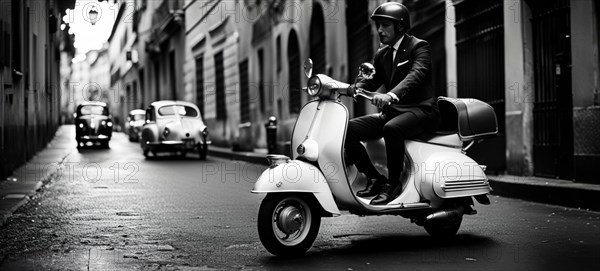 Italian elegant man wearing suit and tie driving moped vintage scooter in Rome Italy at sunset traditional urban scene