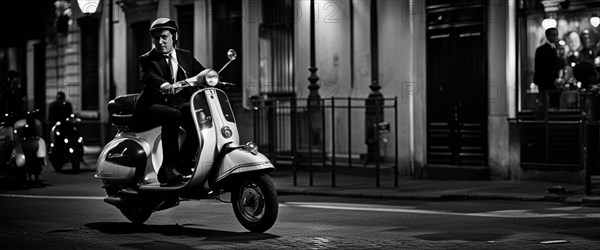 Italian elegant man wearing suit and tie driving moped vintage scooter in Rome Italy at sunset traditional urban scene