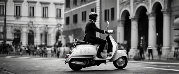 Italian elegant man wearing suit and tie driving moped vintage scooter in Rome Italy at sunset traditional urban scene