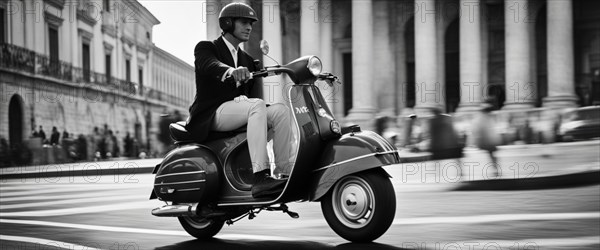 Italian elegant man wearing suit and tie driving moped vintage scooter in Rome Italy at sunset traditional urban scene