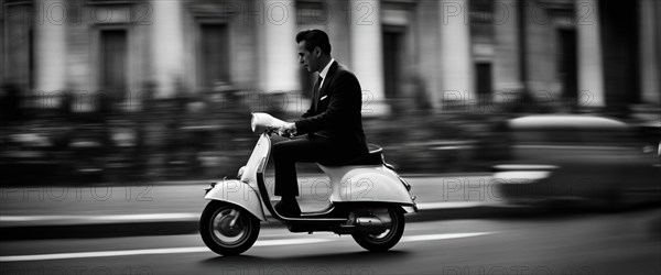 Italian elegant man wearing suit and tie driving moped vintage scooter in Rome Italy at sunset traditional urban scene