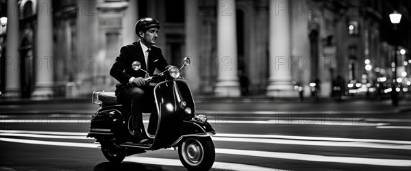 Italian elegant man wearing suit and tie driving vespa moped vintage scooter in Rome Italy at sunset traditional urban night scene