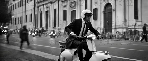 Italian elegant man wearing suit and tie driving vespa moped vintage scooter in Rome Italy at sunset traditional urban scene