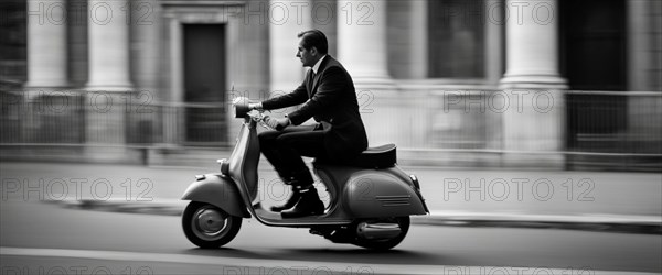 Italian elegant man wearing suit and tie driving vespa moped vintage scooter in Rome Italy at sunset traditional urban scene